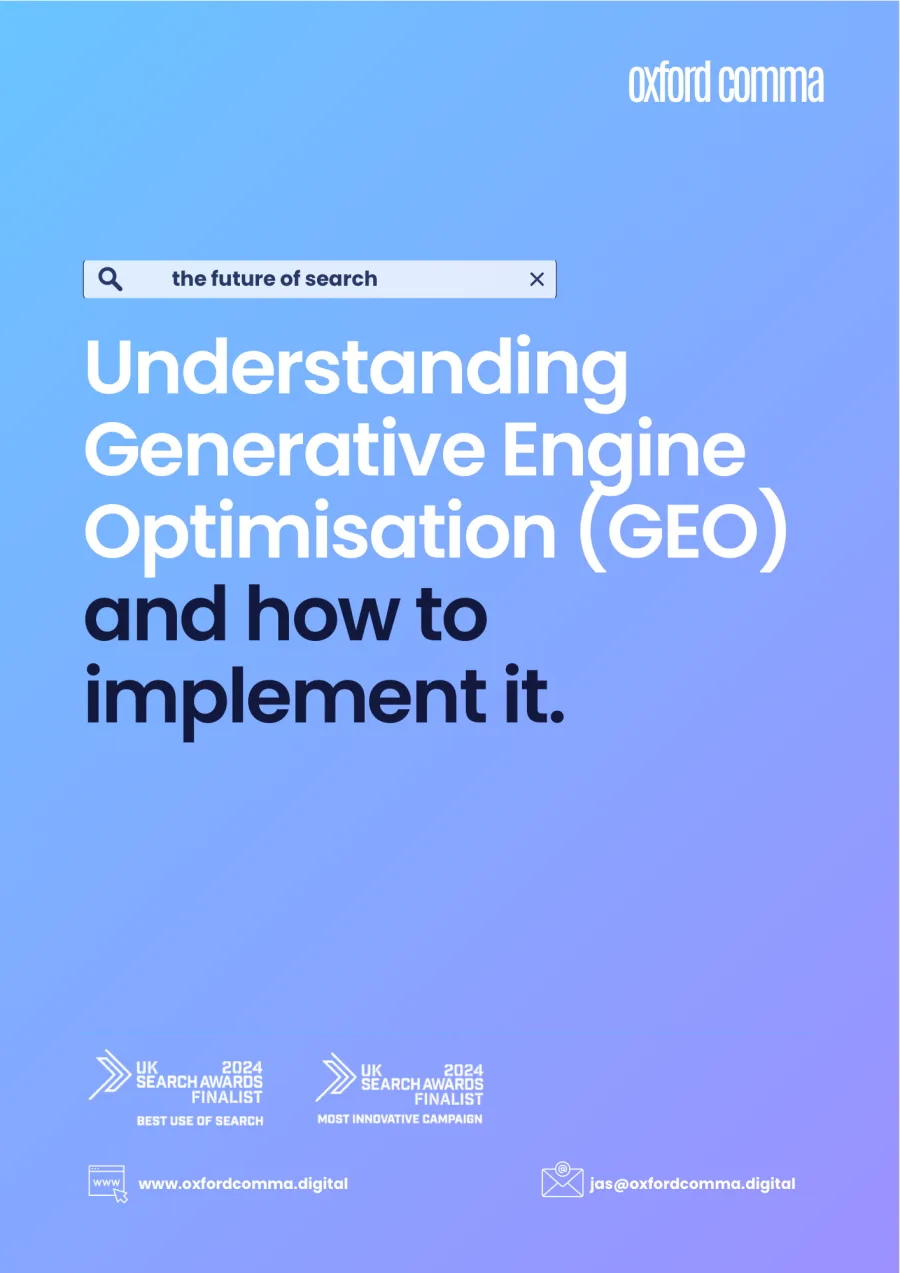 Cover of the Oxford Comma GEO white paper: Understanding Generative Engine Optimisation and how to implement it